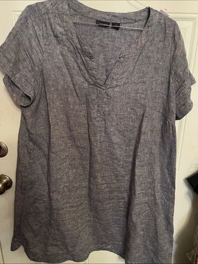 Tahari Blue Linen-Blend V-Neck‎ Tunic Dress